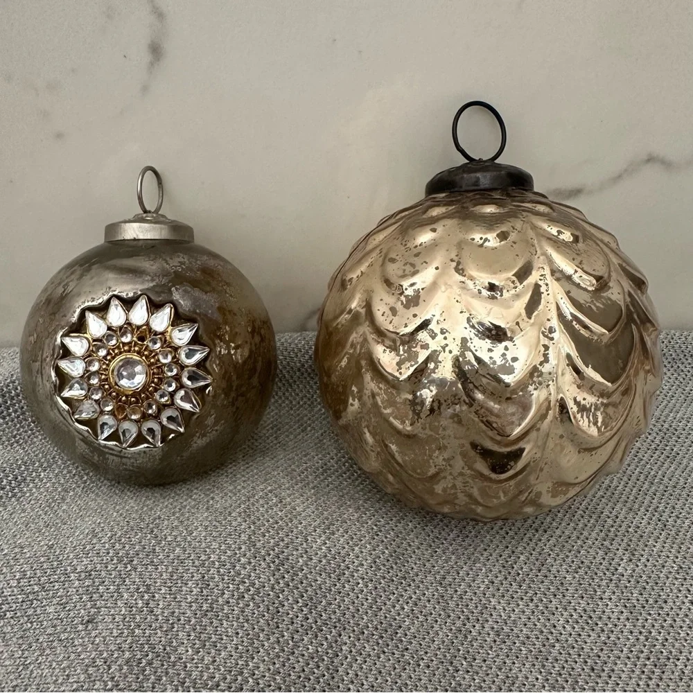 Pottery Barn Set of Two Vintage-Inspired Mercury Glass Holiday Ornaments